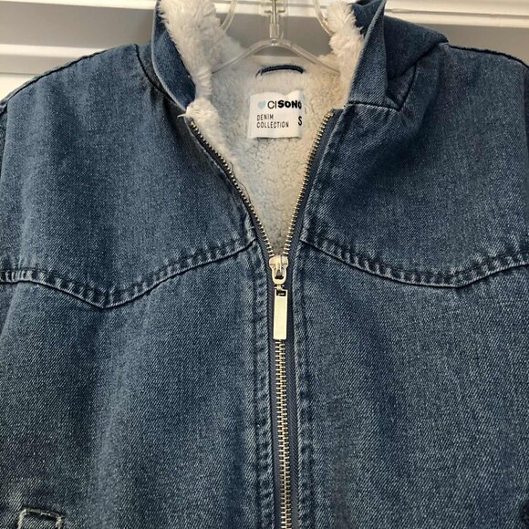 NWT CI SONO CAVALINI Sherpa Hooded Crop Jean Jacket Zip-up Medium Wash Denim  S - Picture 6 of 8